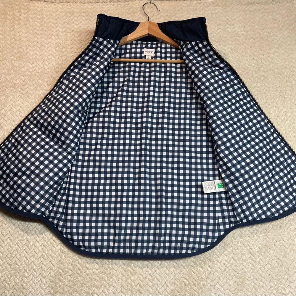 J.Crew Womens S‎ Navy Blue Puffer Zip Up Vest Gingham Print Snap Buttons Preppy